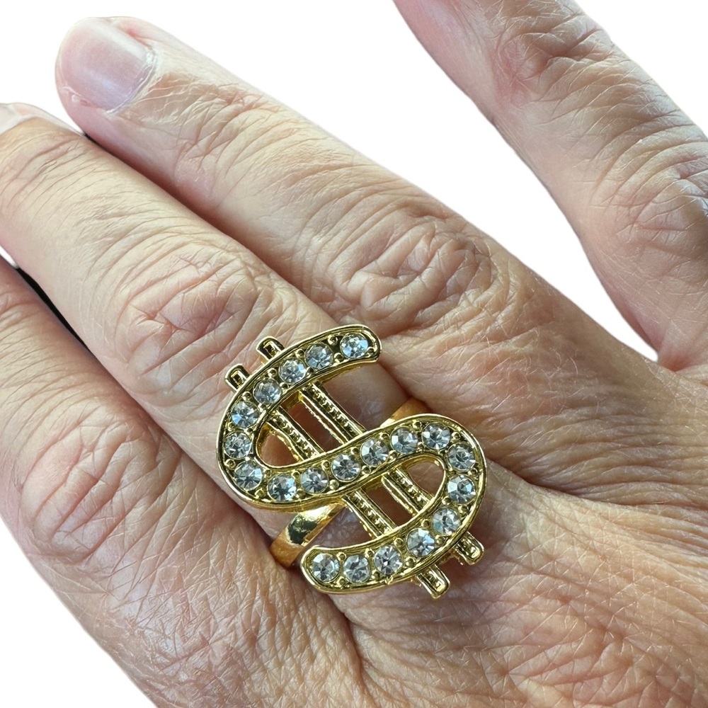Gold and Rhinestone Dollar Sign Adjustable Ring - Picture 1 of 5